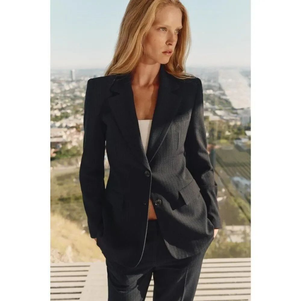Zara Womens Blazer XS Navy blue Straight Pinstripe Single Breasted 8741/320 NWT